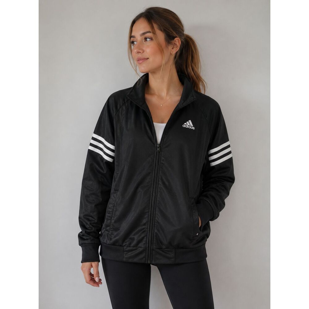 Adidas Youth Track Jacket Black White Stripe Zip Up Athletic Activewear L 14/16
